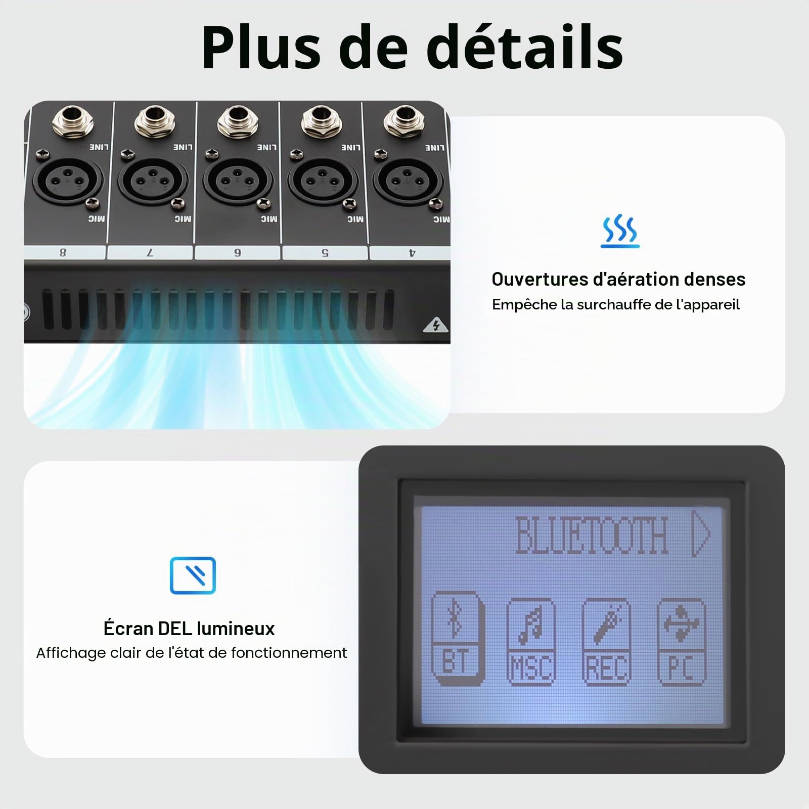 Table de Mixage 8 Canaux avec Écran LED Bluetooth Intégré Réglable Table de Mixage DJ Port USB & Connexion Controleur DJ pour KTV Domicile/Langues Campus/Mariages/Bars