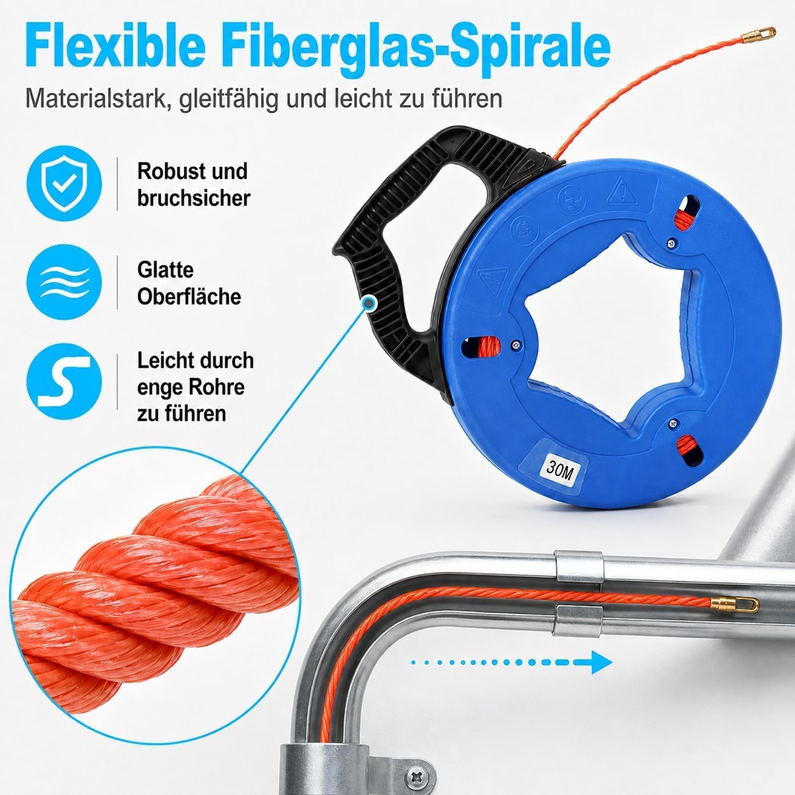 Kabeleinziehhilfe 30 m 4 mm, PET Einziehspirale mit Aufrolltrommel, Kupfer-Zugkopf und 6 Adaptern, Kabelziehband für Leerrohre, Stromkabel, Netzwerkkabel, SAT Kabel