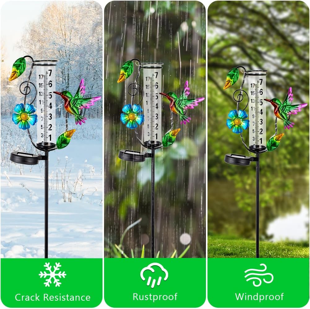 Hummingbird Rain Gauge Outdoor,Decorative Rain Gauges with LED Solar Lights,7” Glass Tube Rain Gauge Freeze Proof for Garden Patio Lawn