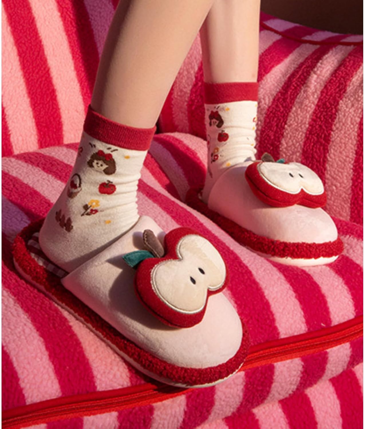 Whimsy Twee Plush Slippers for Women Fuzzy Fluffy Funky Apple Print Slippers Whimsical Aesthetic Cozy Warm Shoes - Image 9