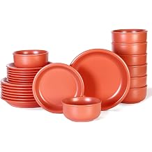 GZG Vintage Series - Ceramic Dinnerware Set for 8, 24 Pieces Stoneware Plates and Bowls Set, Lead-Free, Handcrafted Dishes Set, Microwave & Dishwasher Safe - Terracotta Red