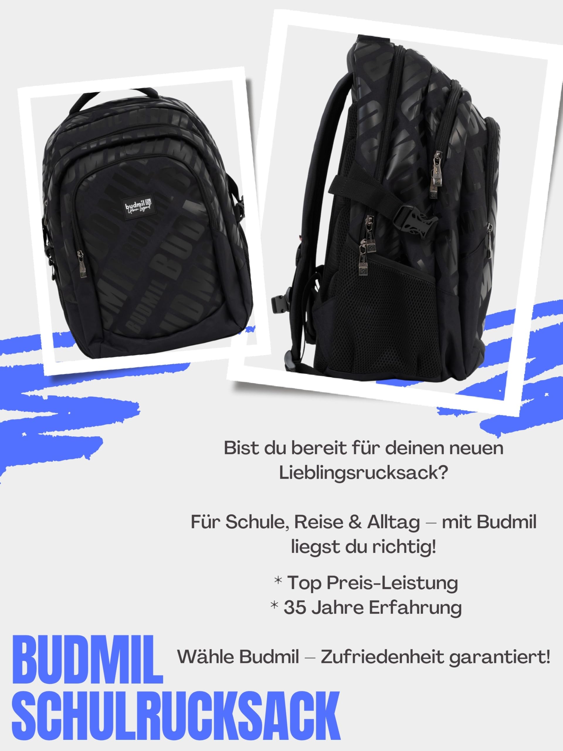 budmil ergonomischer Schulrucksack für Jungen und Mädchen 32L - für Teenager Kinder ab Klasse 5 - wasserabweisend - Rucksack mit 3 Fächer & belüftete Rückseite (Edwin Black)