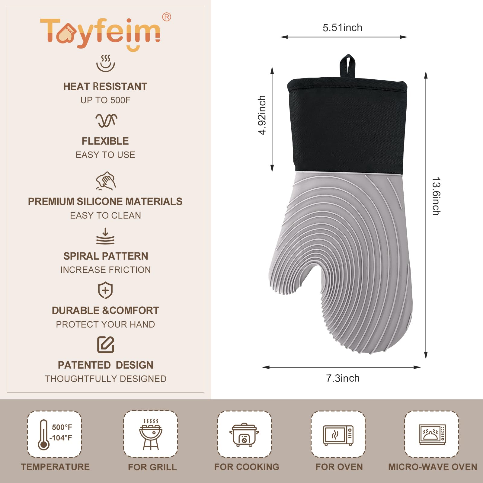 Ofenhandschuhe, Silikon, Ofenhandschuhe, hitzebeständig, 250 °C, Silikon, Ofenhandschuhe, 1 Paar, BPA-frei, rutschfest, für Küche, Mikrowelle, Ofenhandschuhe