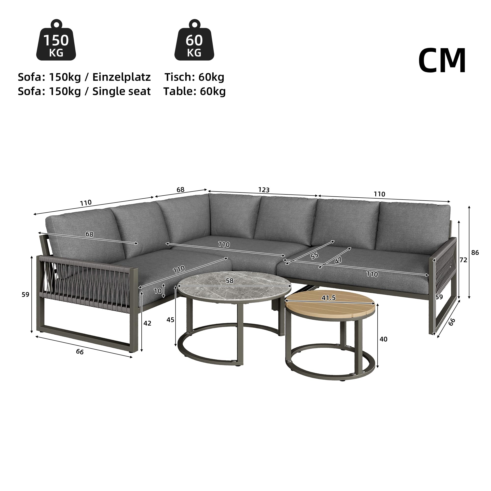 Soweiz Set di mobili da giardino per 6-7 persone divano ad angolo ferro zincato gambe regolabili cuscini seduta schiena 123x68x86 cm