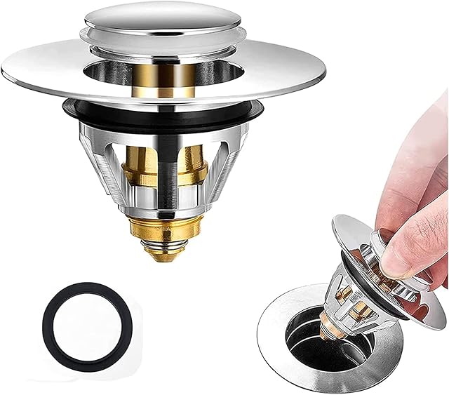 Universal Bathroom Sink Plug, Pop Up Sink Hole Plug Cover with Strainer for 1.34-1.5in Drain Holes, Stainless Steel Push Style Plug for Sink, Plug for Bathroom Sink (Silver)