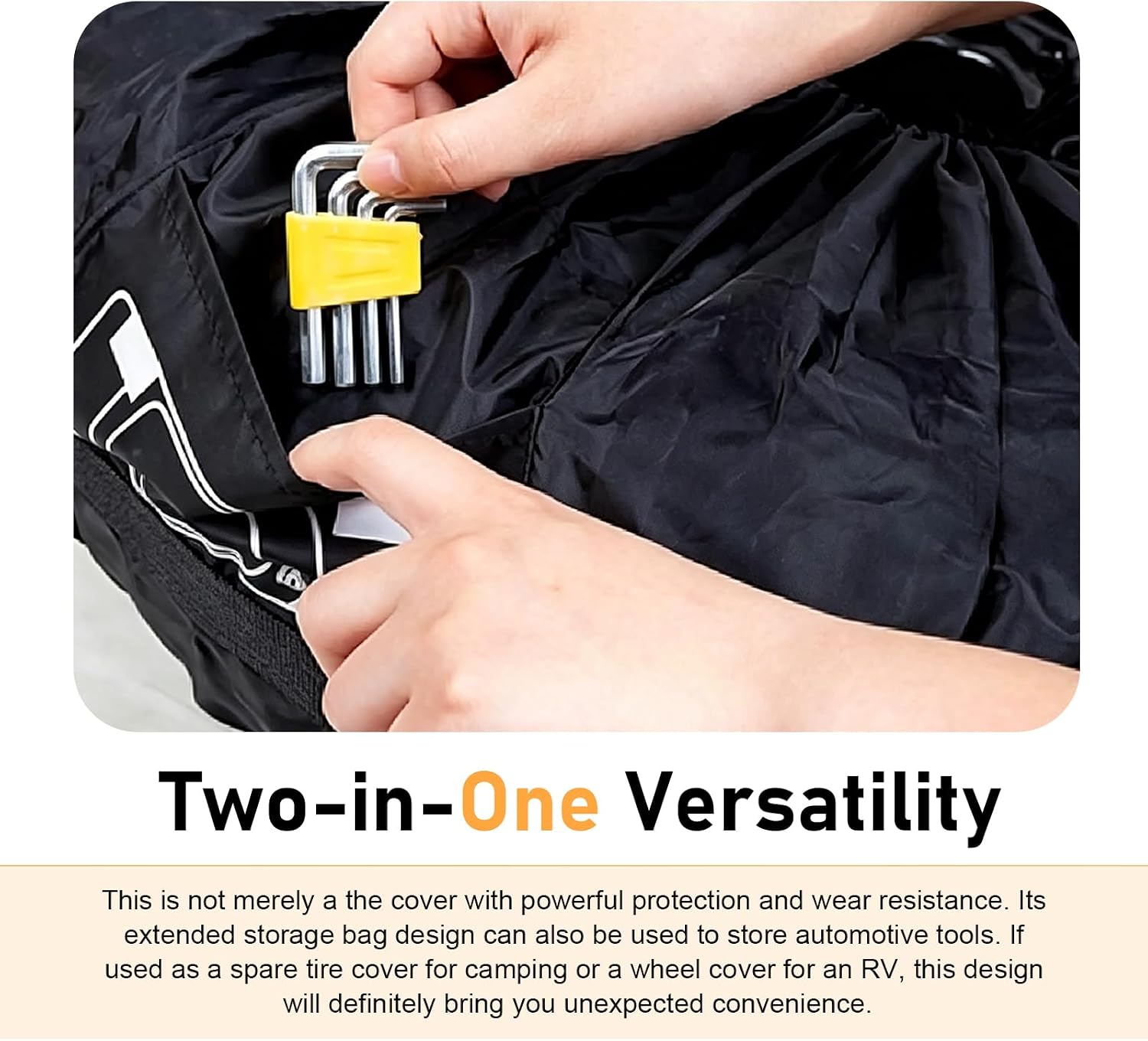 Car Spare Tire Cover, Waterproof Anti-Scratch Oxford Cloth Protector, Windproof Adjustable Drawstring Bag with Side Tool Pouch, Portable Cover for 13" - 18" Tires (Black) image 3