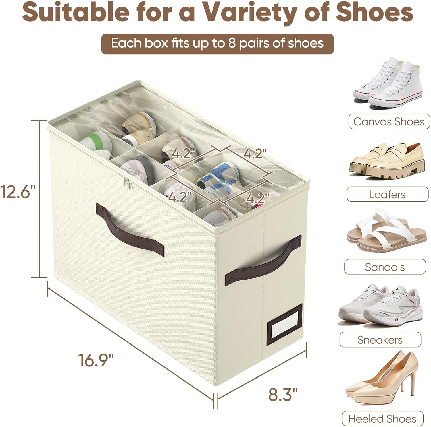 OIAHOMY 4 Pack Shoe Organizer for Closet, Foldable Shoe Storage Bins with Adjustable Dividers, Stackable Oxford Cloth Sneaker Boxes for Entryway Bedroom, Fits Up to 32 Pairs, Beige