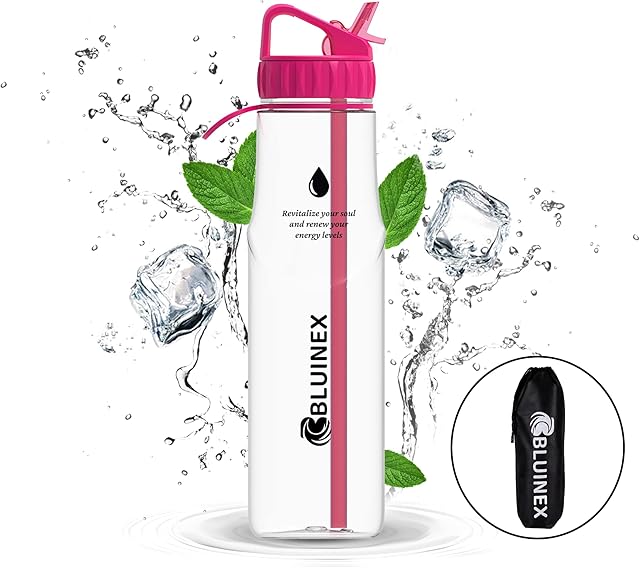 BLUINEX Rose Pink 1L water Bottle with Straw, BPA Free Sports Bottle with Time Markings, Leakproof Water Bottles for Men & Women, Motivational Water Bottles perfect for Gym, Office, Cycling & Jogging