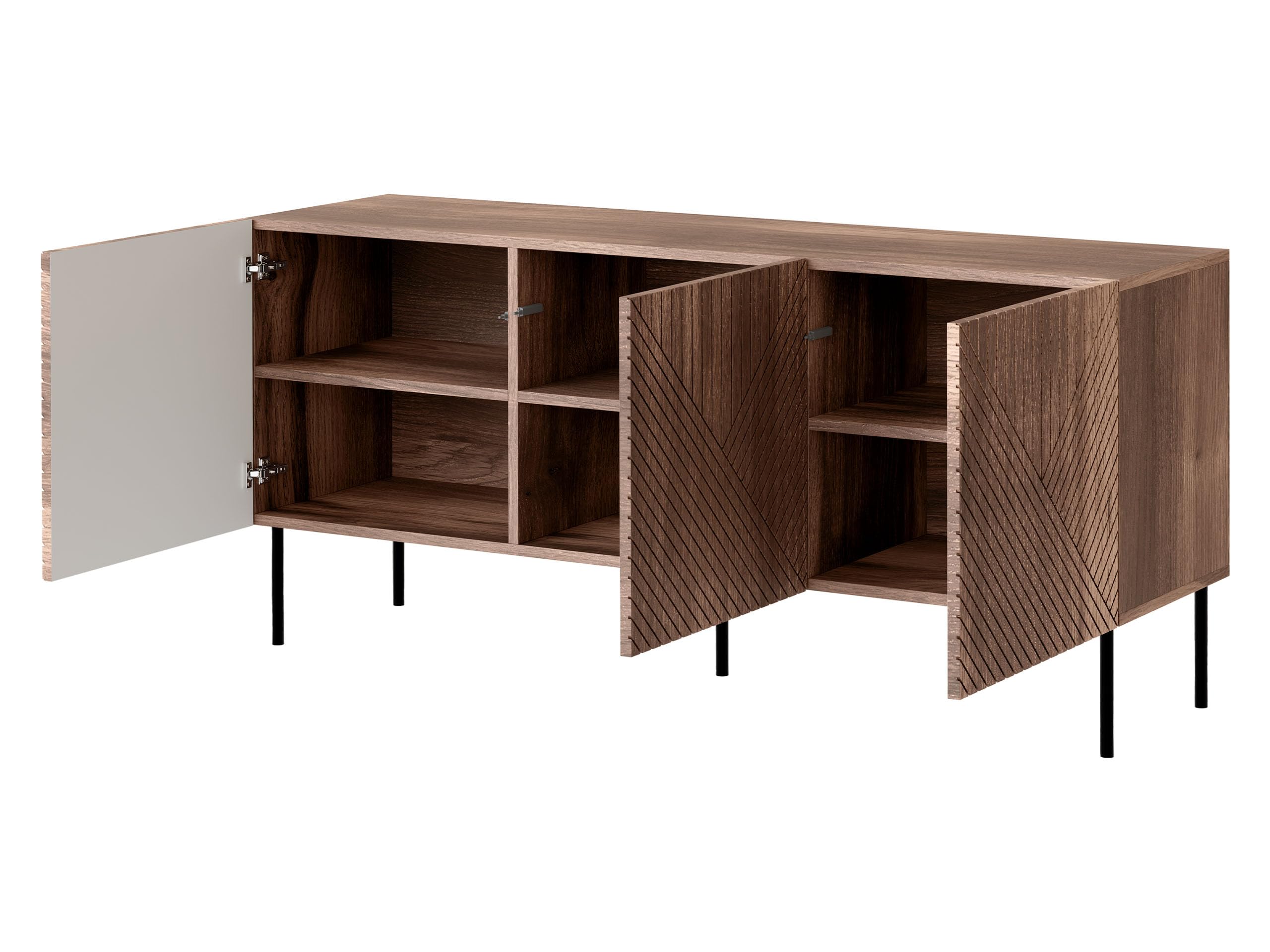 Mirjan24 Wohnzimmer-Set Aropo I, Wohnzimmerschrank, gefräster Front, Griffloses Öffnungssystem, Kommode mit 3 Türen, 6 Fächer, TV-Lowboard mit 4 Türen und 4 Fächer, Couchtisch (Nuss Warmia)