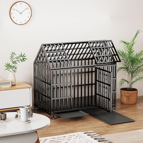 Miniatura 8 de Jaula para perros de 52 pulgadas, resistente jaula para perros grandes y medianos con 4 ruedas con cerradura y 2 bandejas extraíbles