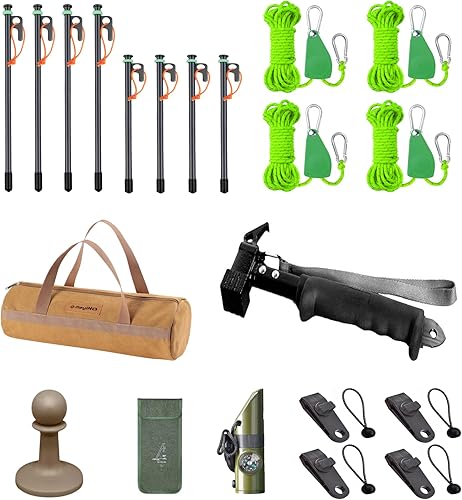Tienda de campaña portátil para exteriores, juego de lujo 8 en 1, cuerda resistente al viento, clavo de tierra para tienda, martillo de campamento,