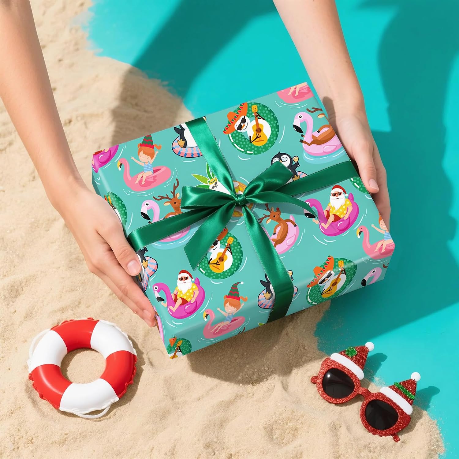 WRAPAHOLIC Tropical Christmas Wrapping Paper - Mini Roll - 17 Inch x 16.5 Feet - Holiday Pool Party Theme Tropical Wrapping Paper for Christmas Holiday, Party Celebration