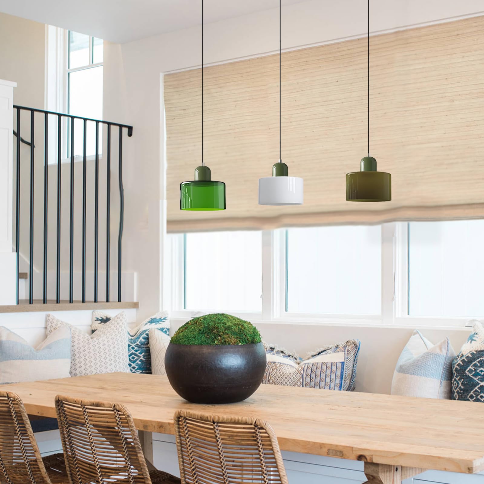 15cm Lámpara Colgante de Vidrio Estilo Escandinavo, Lámpara de Techo E27, Altura Ajustable, Metal y Vidrio, Iluminación Moderna para Cocina, Comedor, Salón, Bar, Cafetería (Verde Oliva)