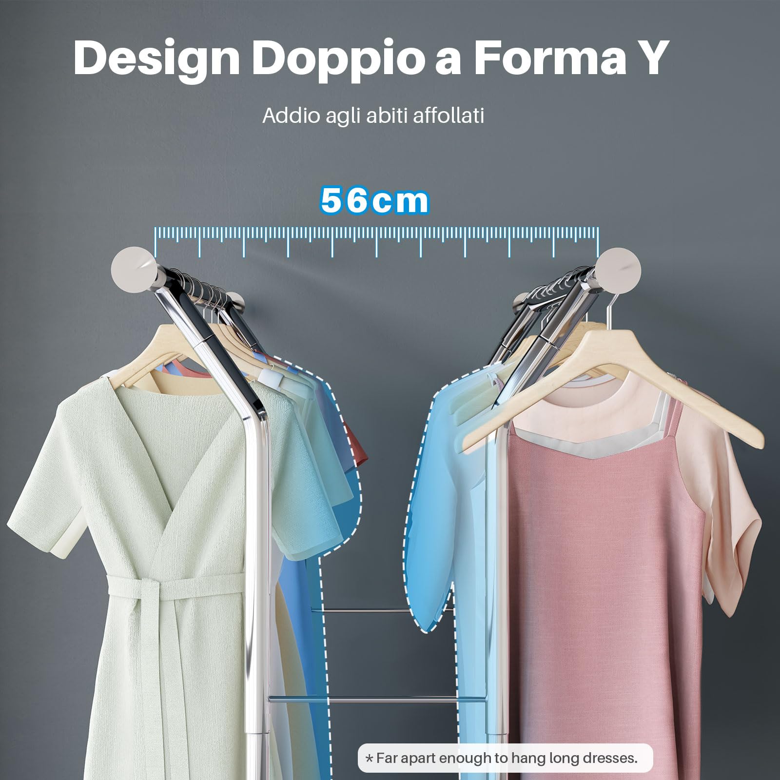 HOKEEPER Appendiabiti doppio resistente, regolabile, pieghevole, con ruote, capacità di carico di 180 kg, per abbigliamento commerciale, finitura cromata