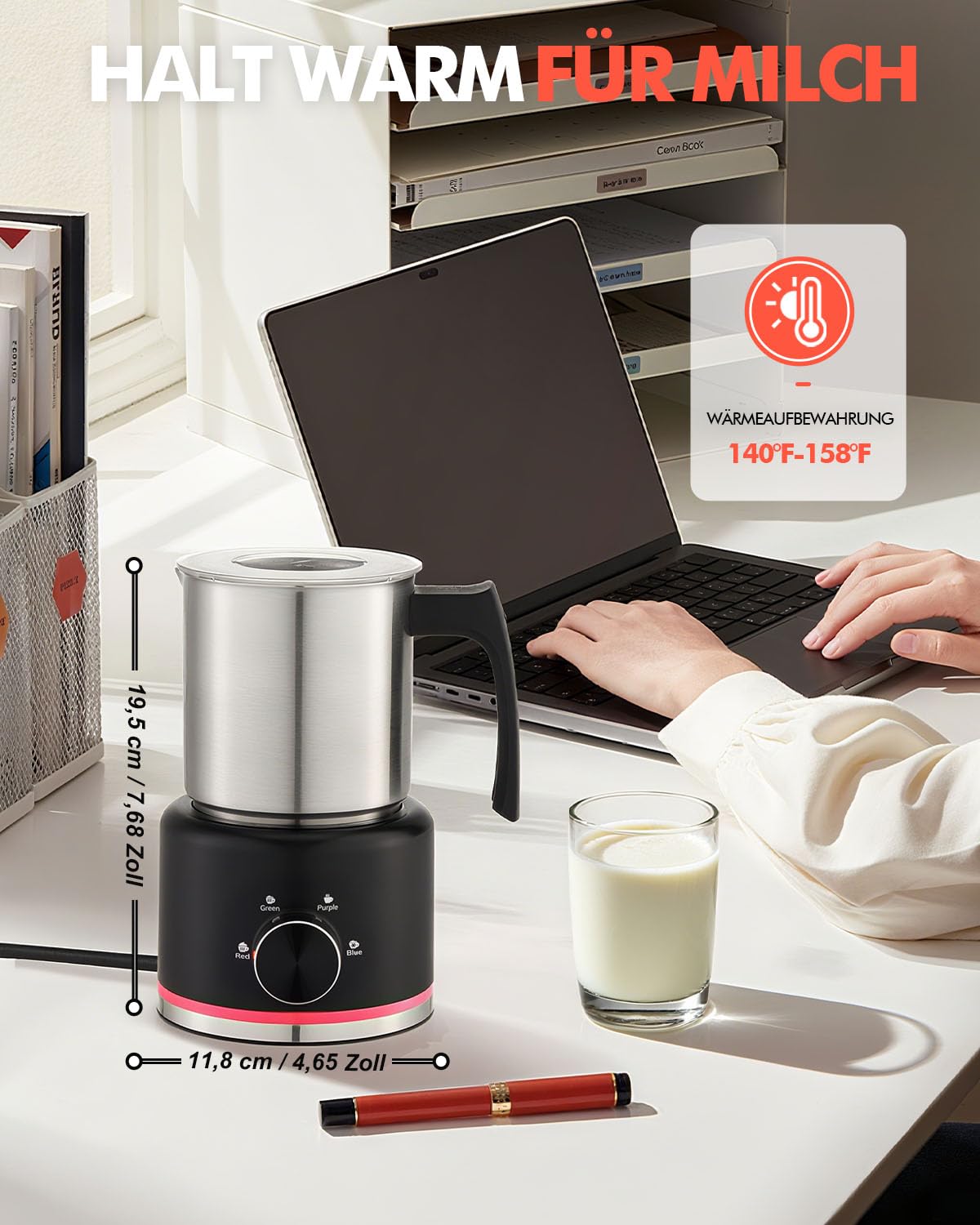 Automatischer Milchaufschäumer Elektrisch 4-in-1, 650ML Edelstahl Milchschäumer mit Auto-Abschaltung, Spülmaschinenfest, Leiser Milchwärmer für Heißen & Kalten Milchschaum, Ideal für Latte, Cappuccino