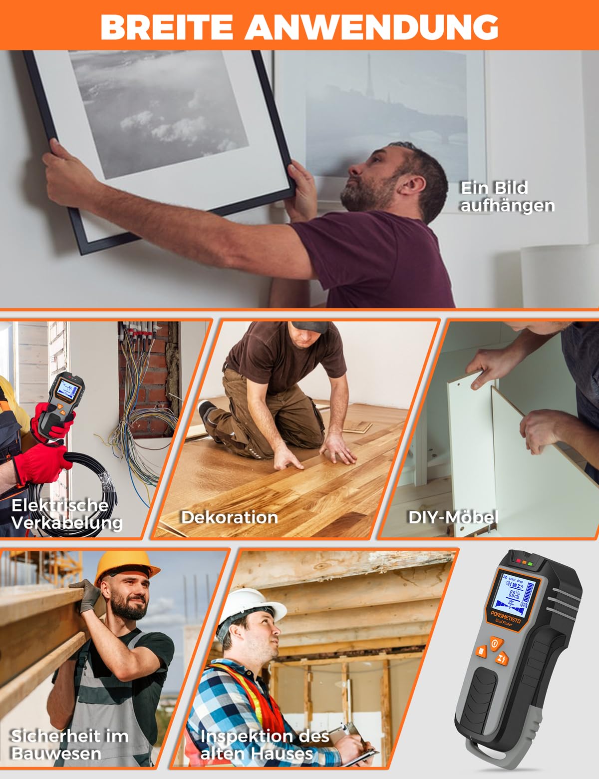 Leitungssucher Ortungsgerät, POROMETISTO DSF01 Wand Scanner, 6-in-1 Multifunktional Stud Finder | Leitungssuchgerät für Holzstuden, Eisenmetalle, Nichteisenmetalle, AC Kabel