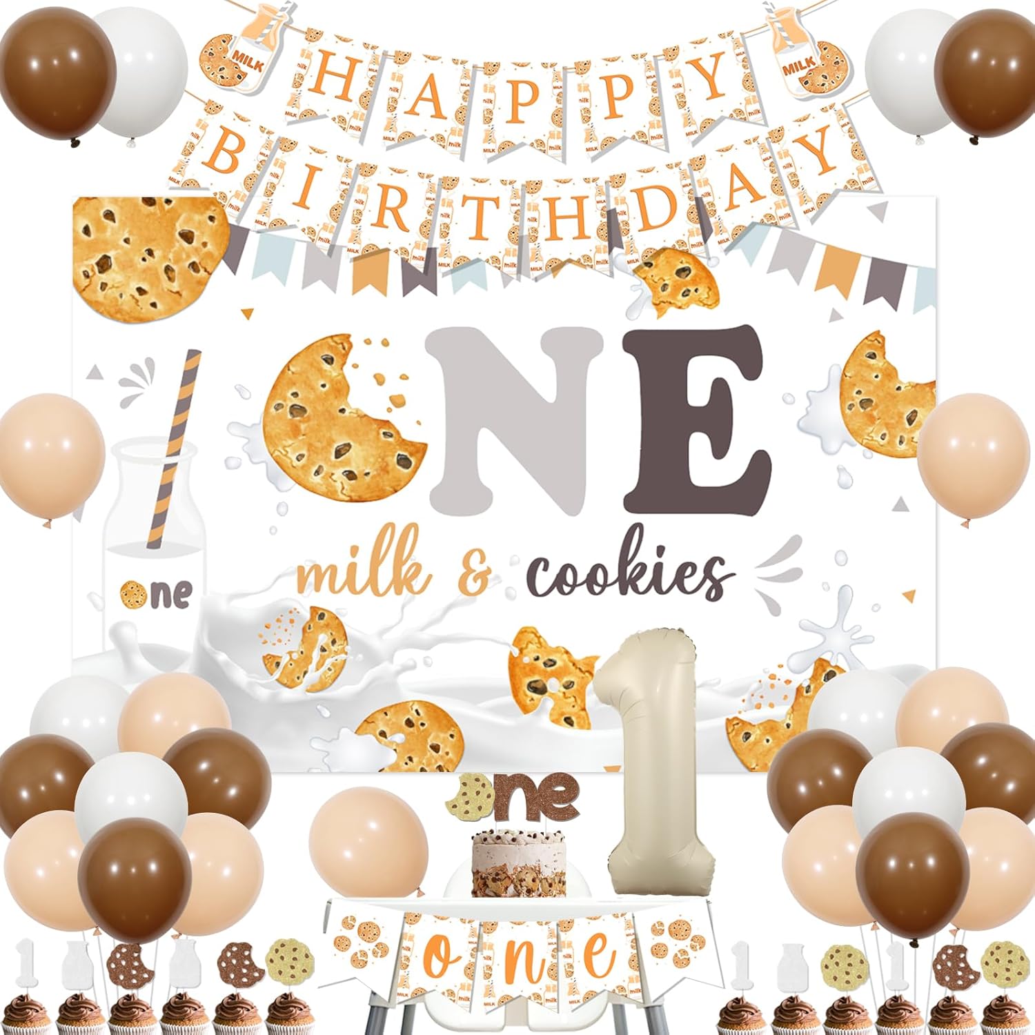 Milk and Cookies 1st Birthday Party Decorations Cookie Milk Happy Birthday Backdrop High Chair Banner Cupcake Toppers for Kids Brown Cookie Milk Party Supplies Baby Shower Decor for Girl Boy