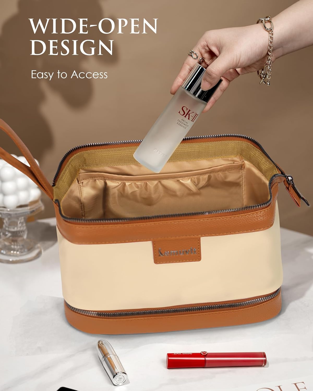 Double-Layer Toiletry Bag, Water-Resistant Hybrid Leather Cosmetic Organizer with Wet/Dry Compartments, 26x15x16cm (Cream, Double layer)