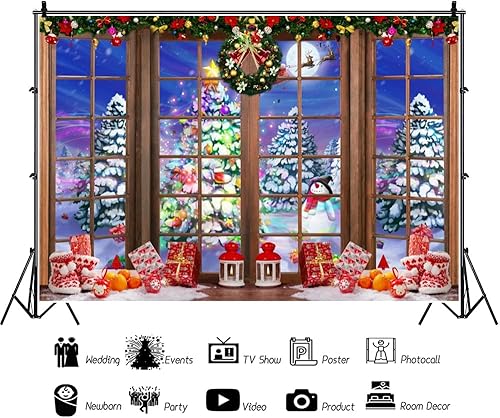 Miniatura 3 de CRTPOD Telón de fondo de ventana de Navidad de 9 x 6 pies para sesión de fotos, bosque de nieve de invierno, muñeco de nieve, fondo nocturno de luna