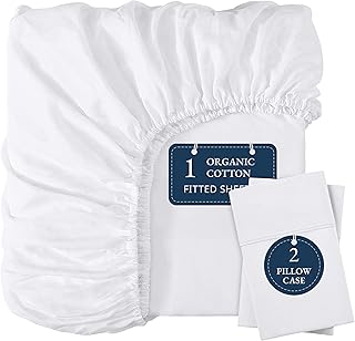 LANE LINEN Fitted Sheet Full Size, 100% Organic Cotton, 3-Piece Set (1 Fitted Sheet, 2 Pillowcases) Percale Weave, Bed Fitted Sheets, Breathable, Fits Mattress Upto 15