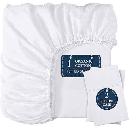 LANE LINEN 100% Organic Cotton Fitted Sheet Queen, 15" Deep Pocket Snug Fit Fully Elasticized Naturally Temperature Regulating Soft & Comfy Deep Pocket Queen Fitted Sheet -White (+Pillowcases)