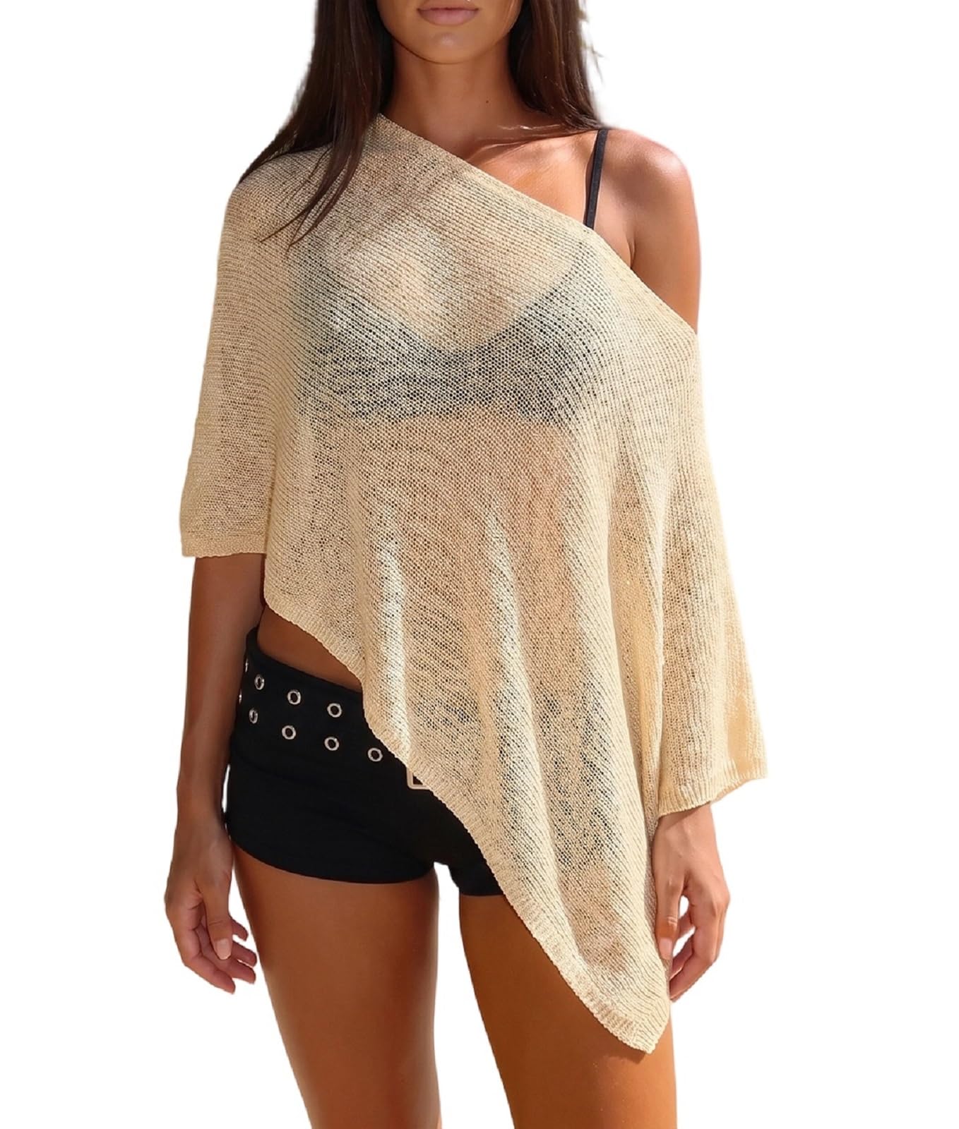 Women Sheer Knit Poncho Top Asymmetrical One Shoulder Mesh Crochet Bolero Shrug Shawl Beach Cover Ups-image-0