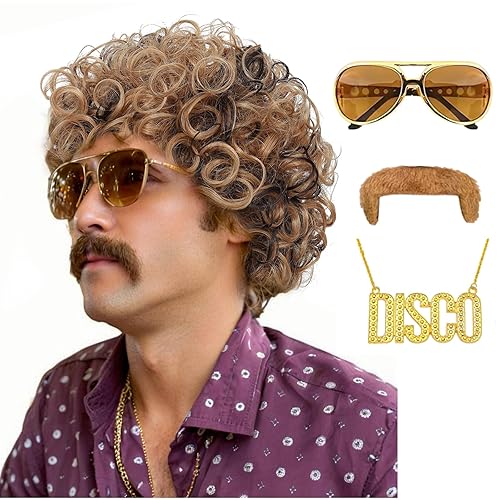 Peluca corta afro para hombre, peluca rizada de discoteca, accesorio de disfraz de los años 70 y 80 para hombres, color marrón mezclado (rubio