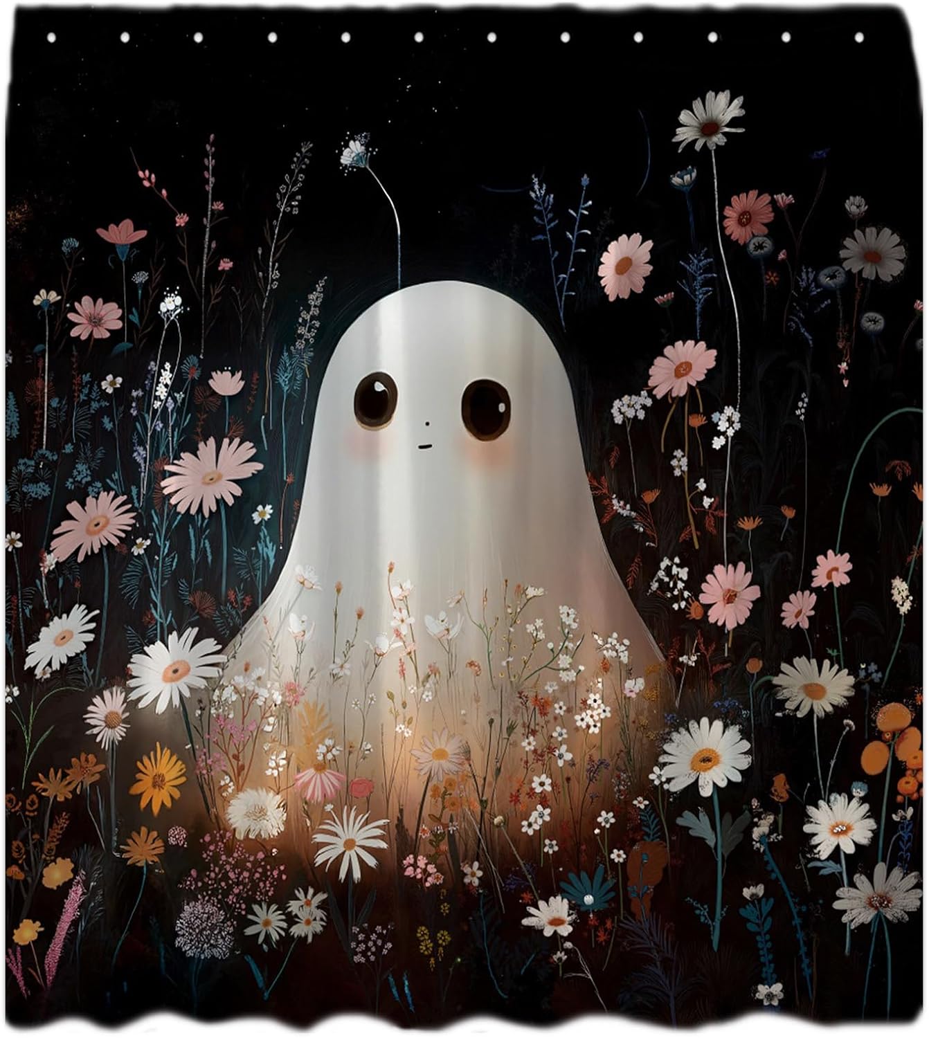 Halloween Spooky Shower Curtain Cute Funny Ghost Watercolor Daisy Floral Natural Plant Gothic Horror Cartoon Happy Holiday Decor Bathroom Curtain Set with Hook