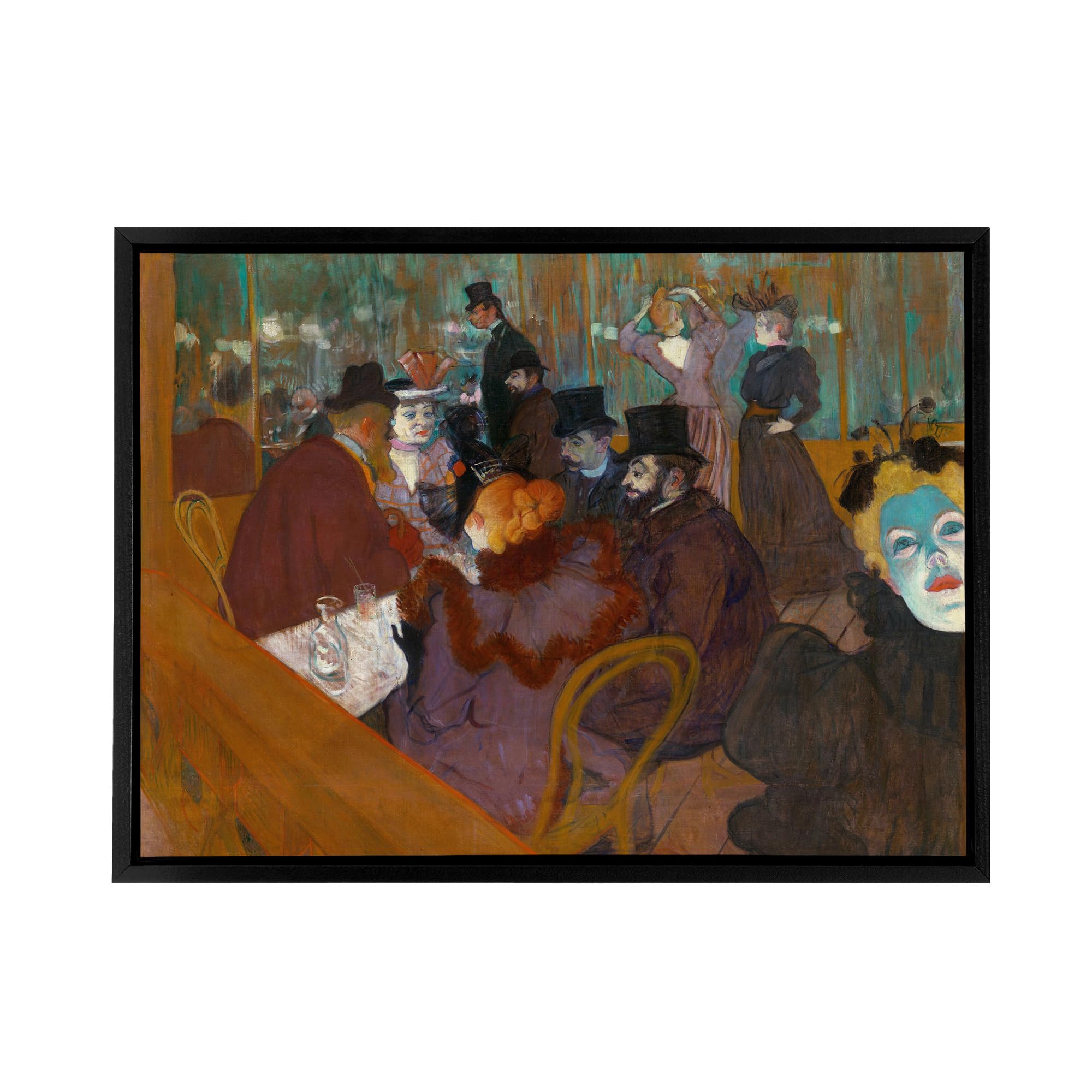 Artery8 Toulouse Lautrec At The Moulin Rouge Black Framed Canvas Wall Art 24X32: Legendary Parisian nightlife captured in vivid colour, bohemian artwork ideal for stylish or artistic homes.