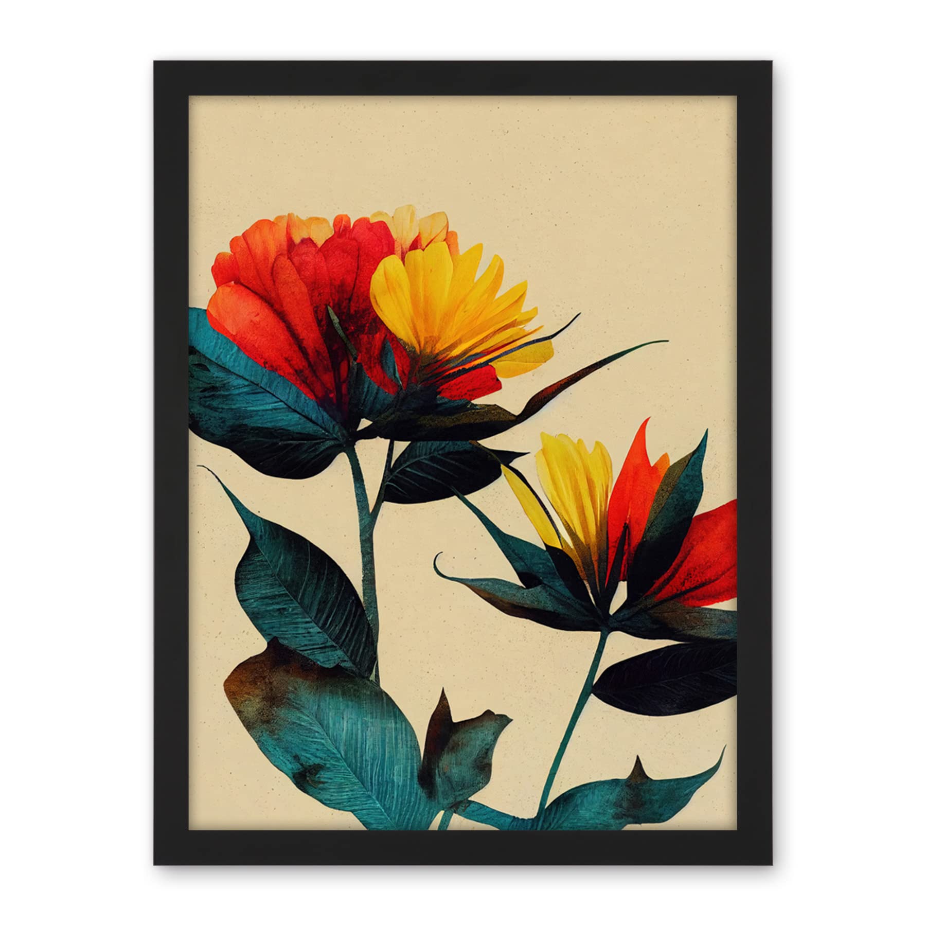 Wee Blue Coo Botanical Bold Flowering Yellow Red Teal Artwork Framed Wall Art Print 18X24 Inch