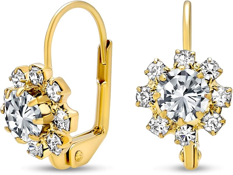 Crystal Birthstone Colors Flower Drop Earrings Gold Plated Lever Back