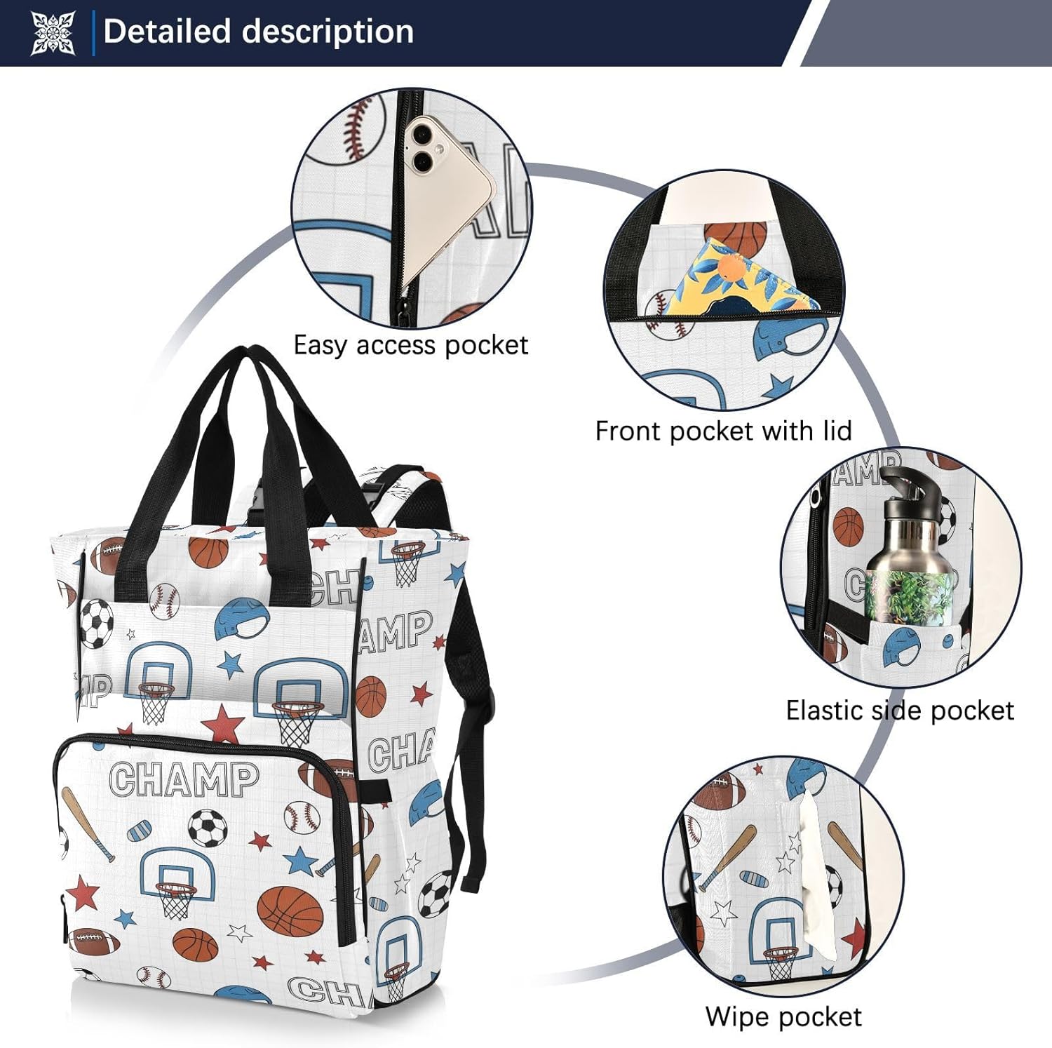 Sports Balls White Print Diaper Bag Backpack for Baby Boys Girls Multifunction Baby Essentials Travel Tote with Stroller Straps & Bottle Storage Large Travel Diaper Backpack for Dads Moms Baby