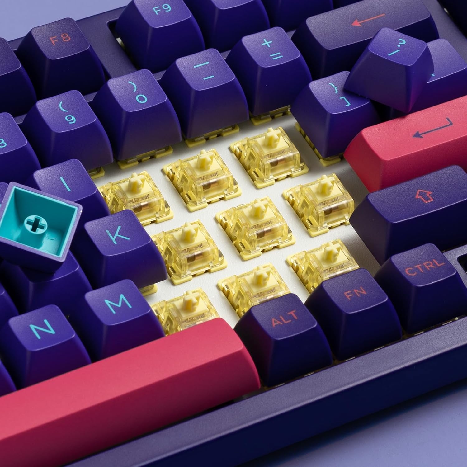 Close-up of Akko V3 Cream Blue switches under keycaps