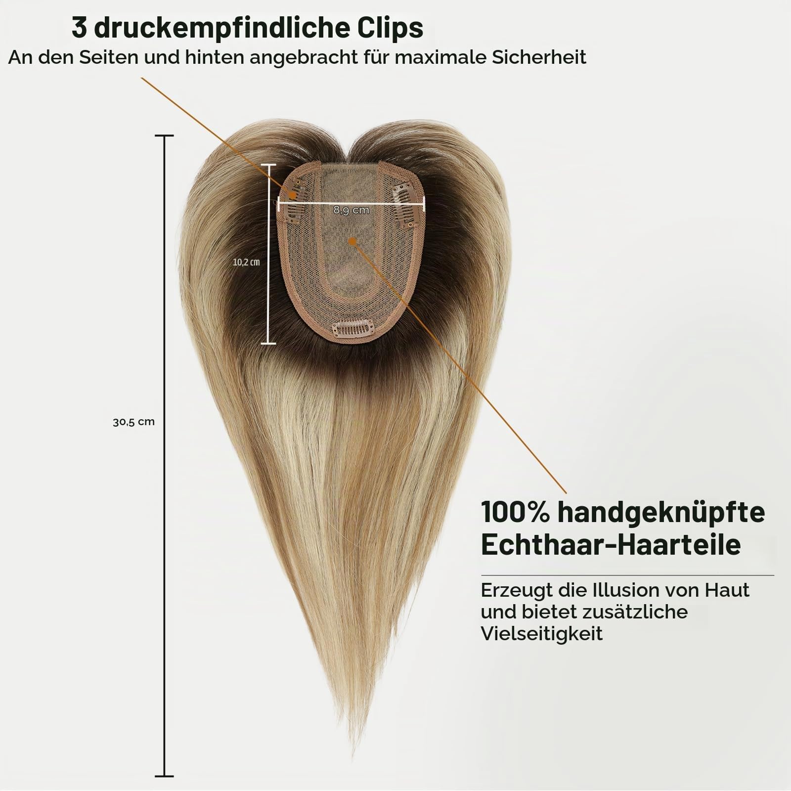 HAIRCUBE Haartopper echtes Menschenhaar für Frauen Ombre T2-#6/#613 Haartopper mit Pony 120% Dichte Seide Basisclip in Topper 14 Zoll 40 Gramm