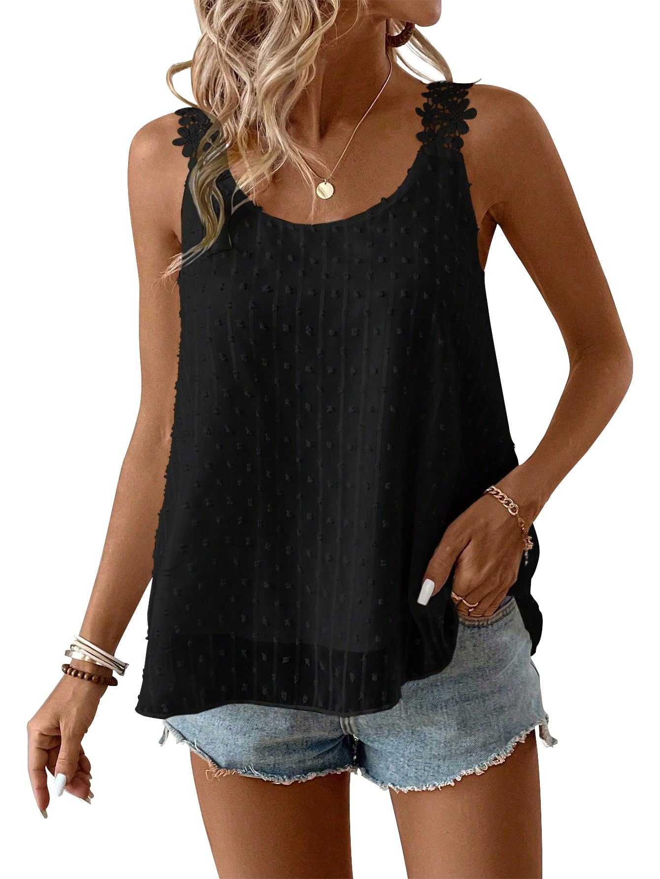 Canotta Donna Estiva Elegante Senza Maniche Girocollo Boho Camicia Casual Volant Abbigliamento Pizzo Floreale Canotte