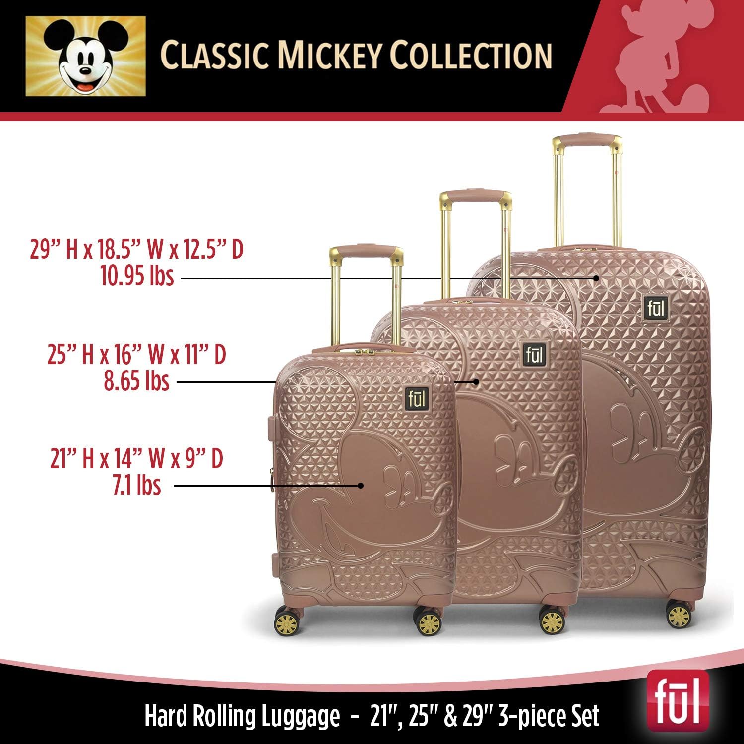 review FUL Disney Mickey Mouse 3 Piece Rolling Luggage Set, Hardside Suitcase with Spinner Wheels, 21 Inch, 25 Inch and 29 Inch, Rose Gold