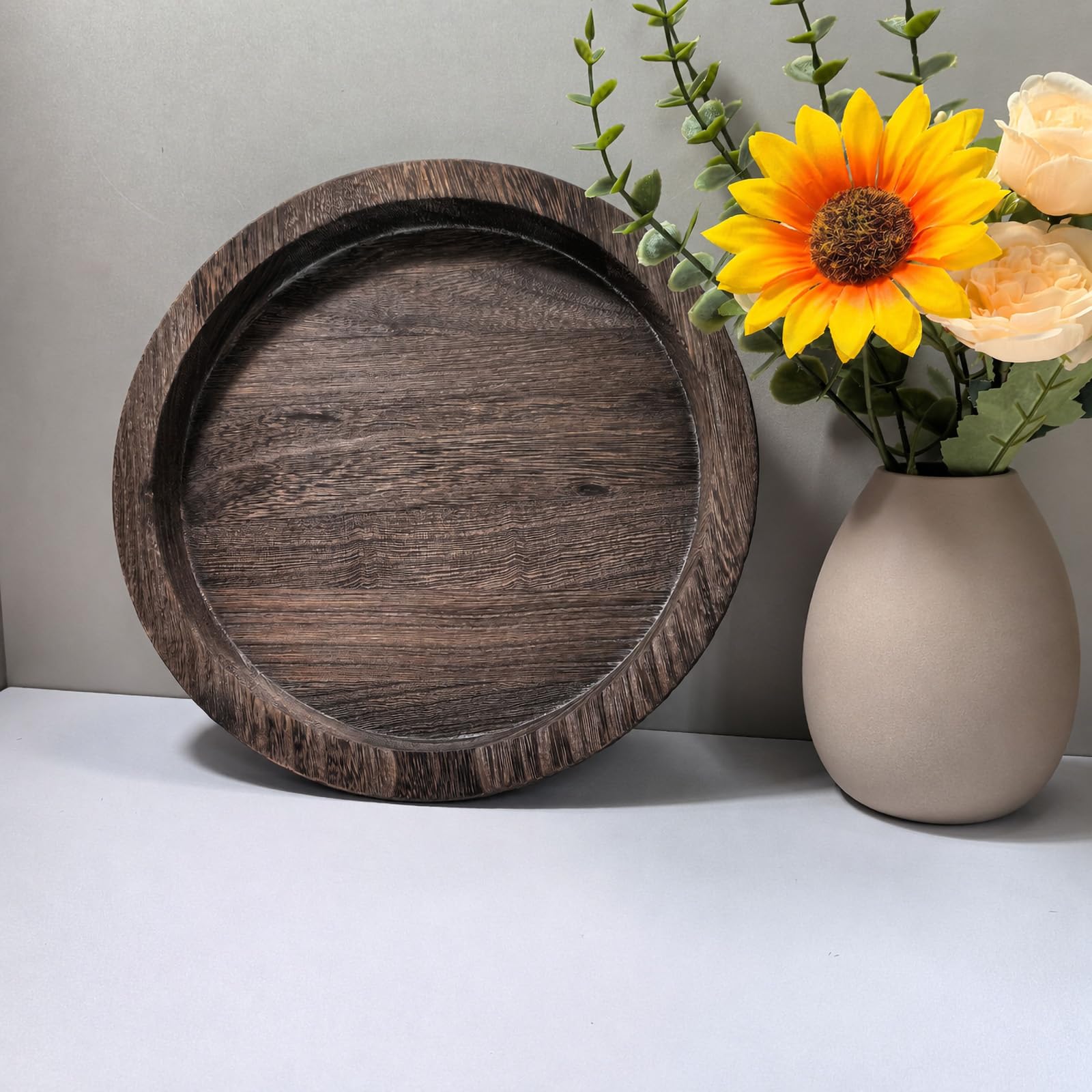 Vassoio Rotondo in Legno Scuro Portacandele, Centrotavola Decorativo Rustico per Tavolino da Caffè Soggiorno Cucina Decorazione Casa