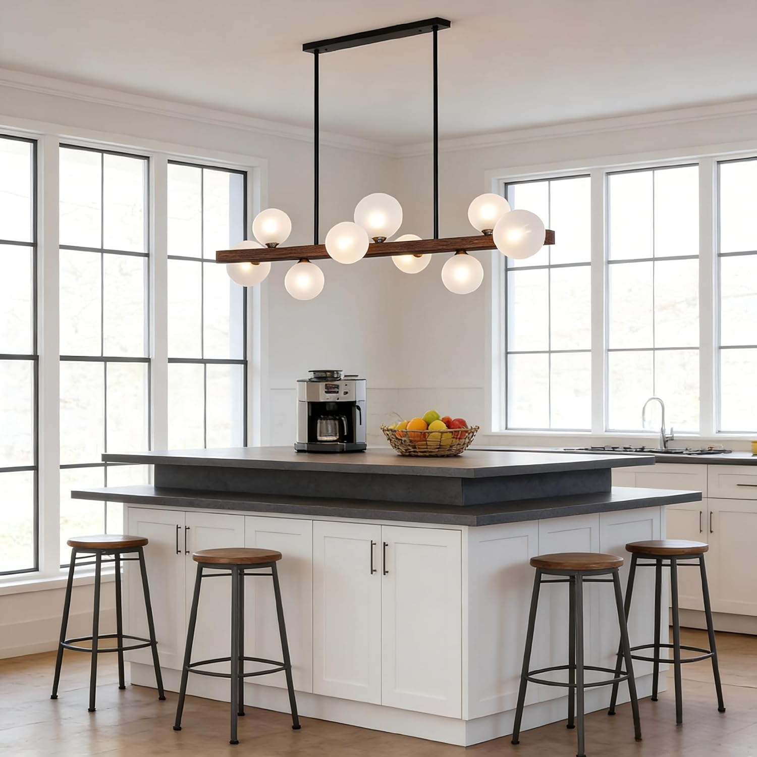 Modern Chandeliers for Dinning Room - Black 9 Light Wood Grain Mid Century Modern Chandelier, Sputnik Farmhouse Ceiling Light Over Table, Adjustable Linear Bubble Kitchen Pendant Light