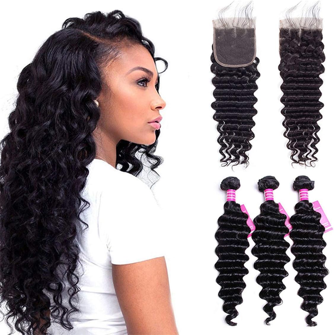 VRVOGUE (14” 16“18") Brazilian Deep Wave Bundles with 12 Inch 4x4 Free Part Lace Closure 100% Unprocessed Virgin Brazilian Human Hair Natural Color Weave Hair Extensions