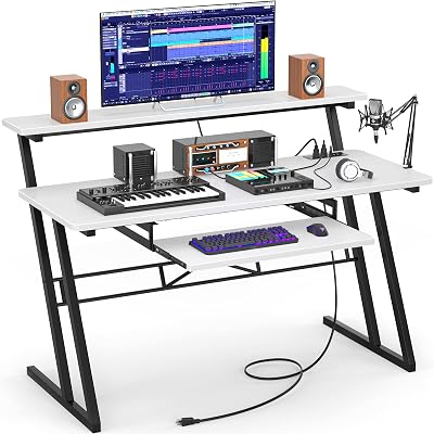 Armocity Music Studio Desk Production Workstation - Recording Studio Desk for Producer with Power Outlet, Studio Workstation for Music Recording, Home Studio Table Desk, White