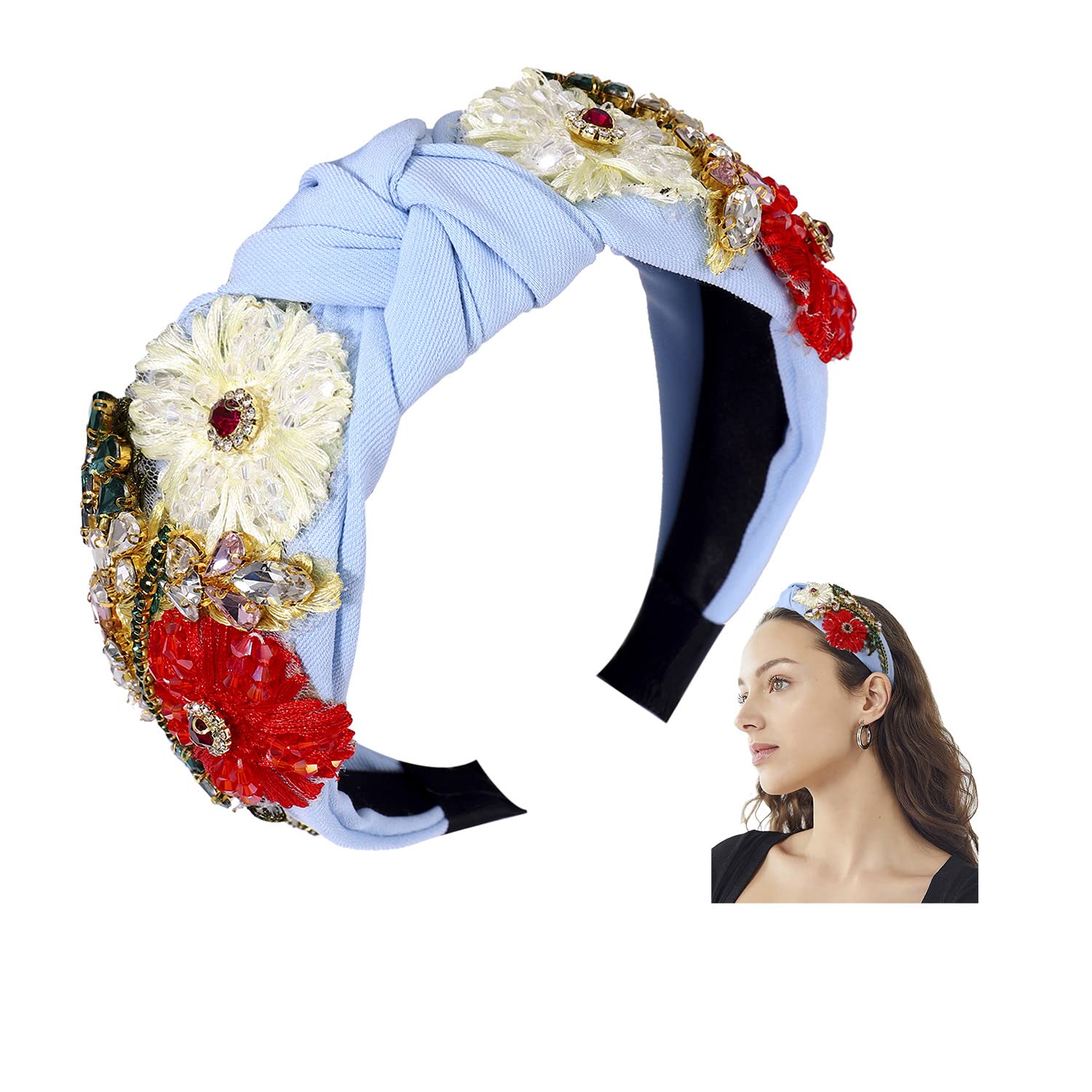 ZITULRY Rhinestone Headband For Women Statement Crystal Knotted Turban Hairband Handmade Beaded Embroidered Flower Hair Hoop Elastic Fancy Wide Hair Accessories for Girls Jewelry Gift