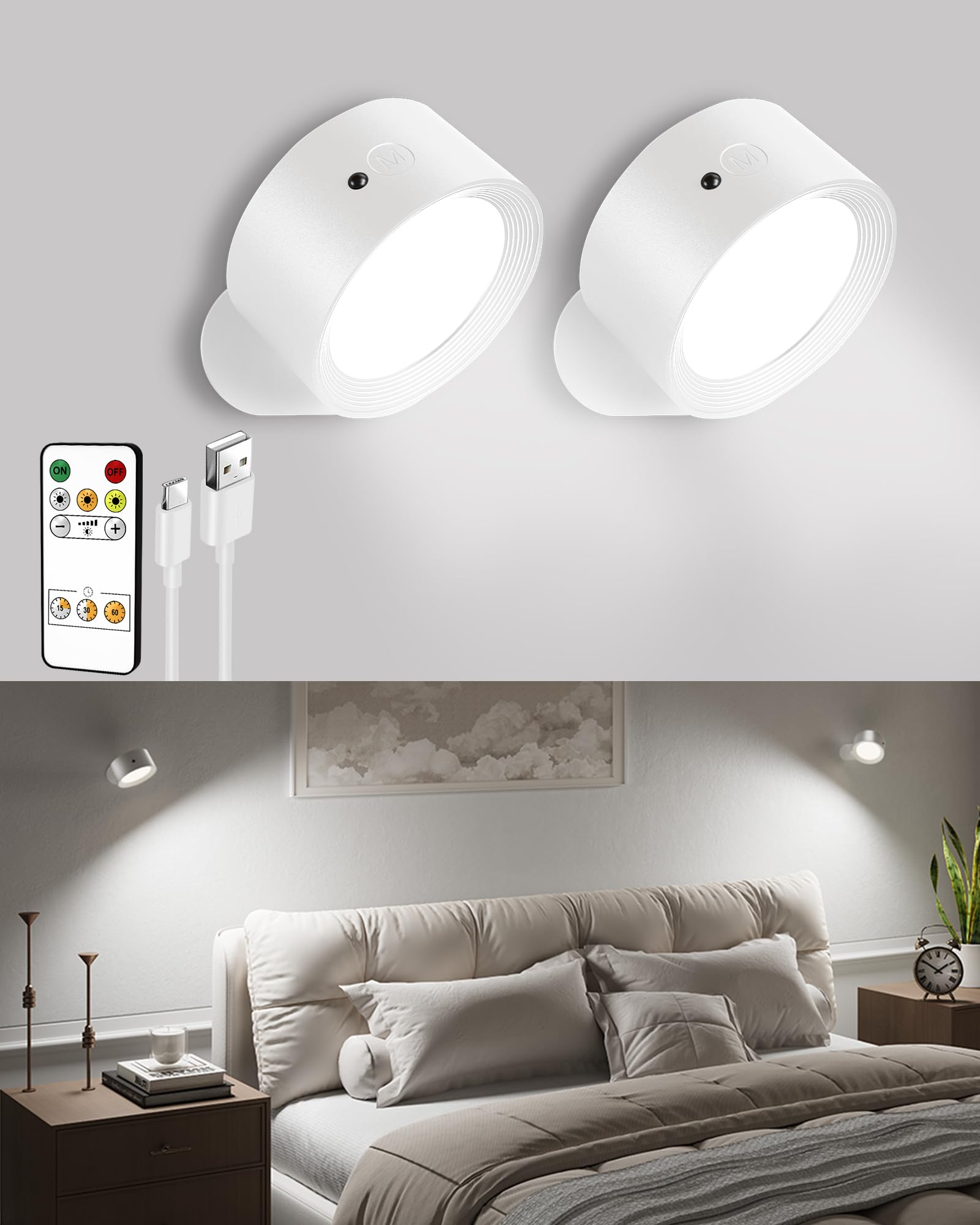 EZVALO LED wandleuchte innen,Wandlampe Kabellos mit Fernbedienung,3 Farbmodi Touch Control and Fernbedienung,360° Drehbar,Dimmbare kabellose Wandlampe für Studium,Schlafzimmer