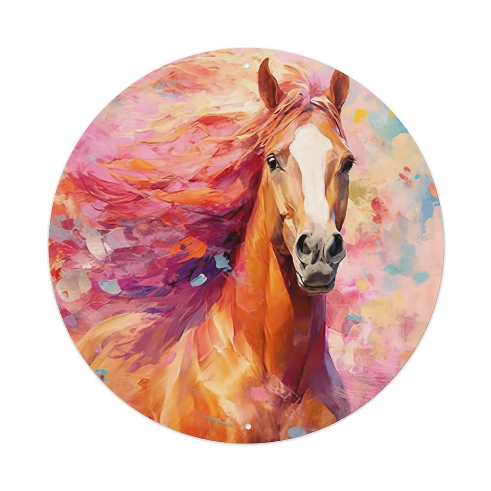 Visual Oil Painting Art Horse Vintage Metal Tin Sign Plaque Wall Decor for Cafe, Club, Garden Round Metal Poster 8x8Inch