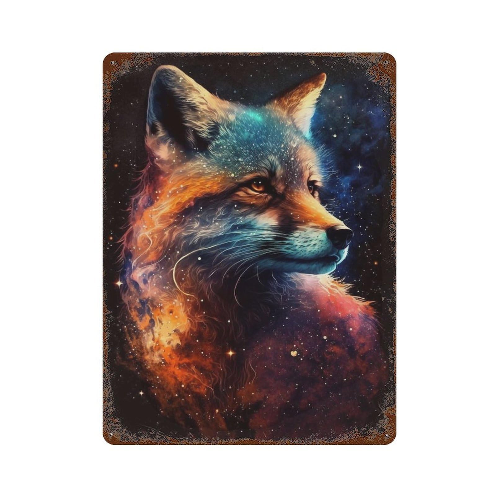 Cosmic Fox Art Print-6 15.7"x11.8" Distressed Metal Wall Sign, Shabby Chic Decor for Shed, Workshop And Garage Wall Decor