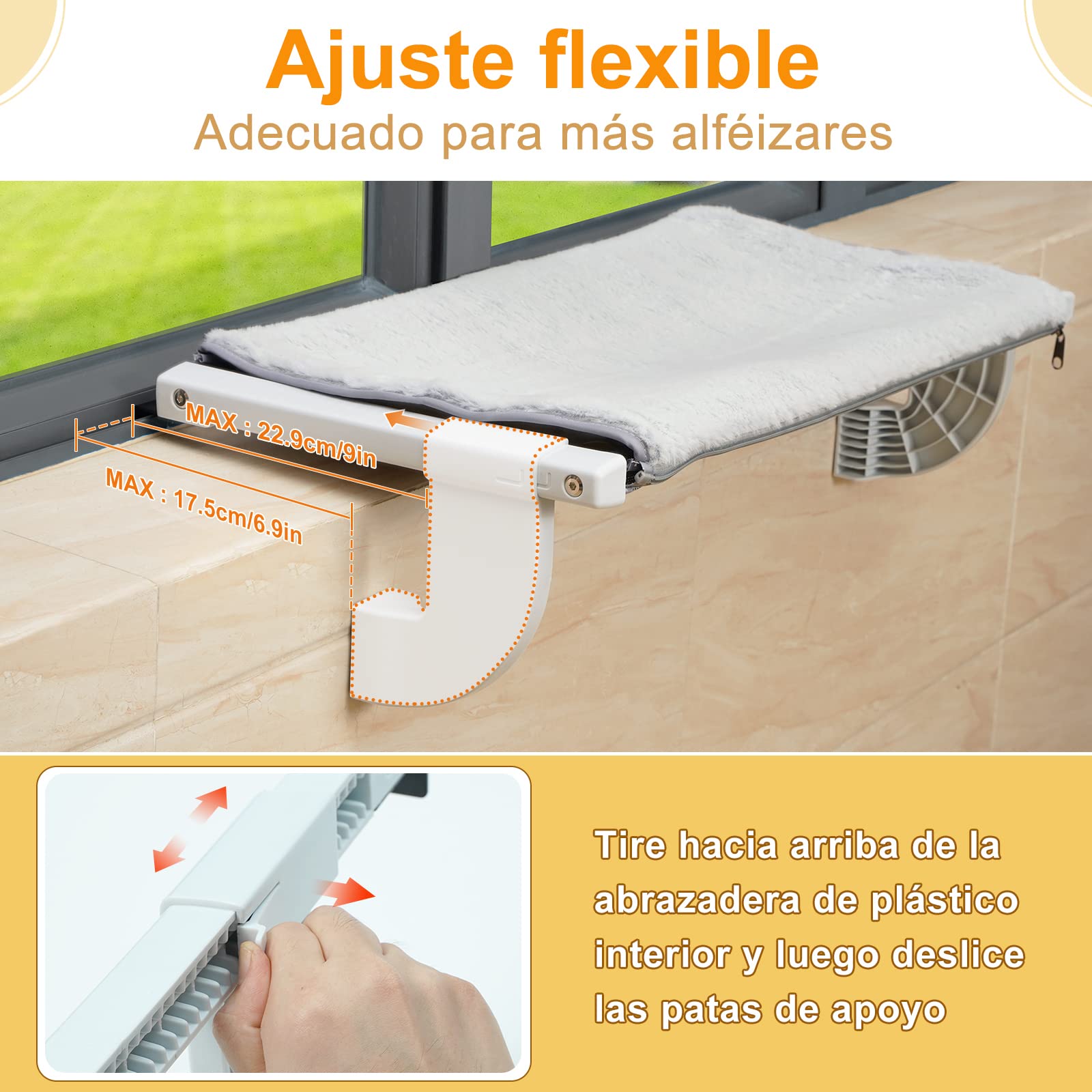 GUUSII HOME Hamaca Cama Gato Ventana Ajustable Amaca Colgante con Ventosa para Gatos de Interior Soporta hasta Fácil de Montar y Mover Durable Sin Taladro Sin Succión（S