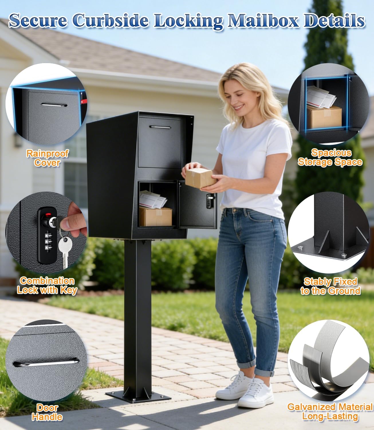 Secure Locking Package Mailbox, Large Post-Mount Locking Mailbox, Heavy-Duty Steel Curbside Security Mailbox with Post and Base Plate, Weatherproof Mail Box for Residential Deliveries (Black)