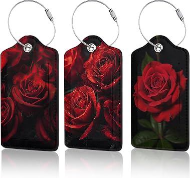 3 Pack Red Rose Luggage Tags for Suitcases, Cute Leather Name Tag with Privacy Cover with Stainless Steel Loops, Travel ID Bag Tags for Women Men