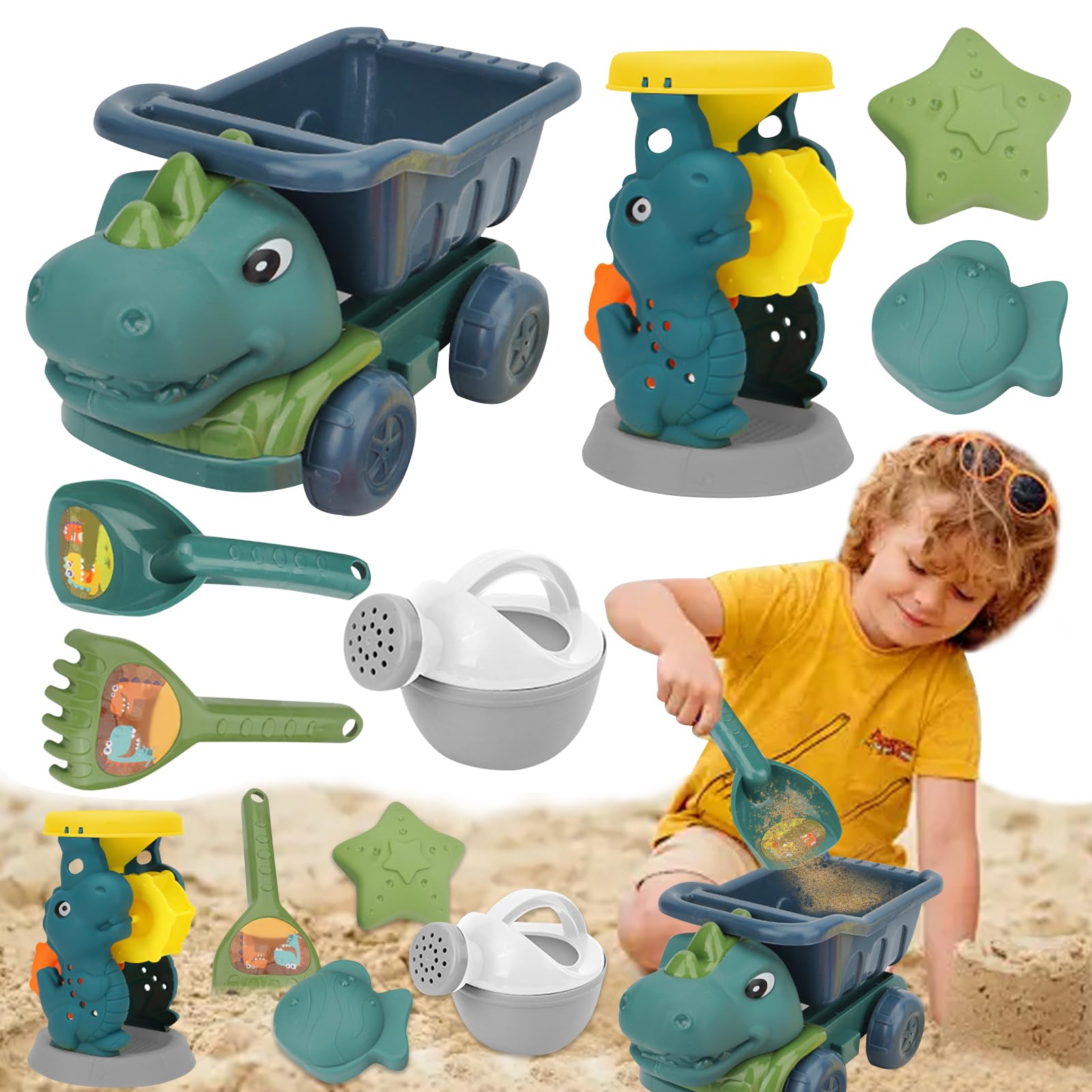 Juego de moldes de arena, dinosaurios, caja de arena, juguete con bolsillo de red, castillo, caja de arena, juguetes de playa, juego estable a partir de 1, 2, 3, 4, 5 años, niña y niño (7 unidades)
