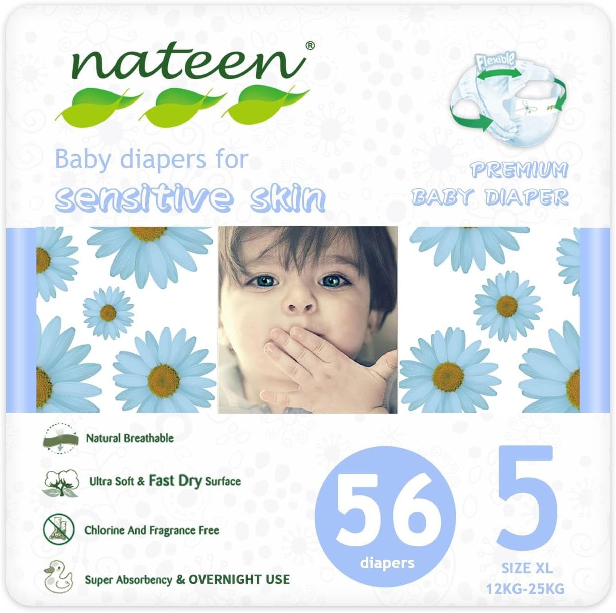 Nateen Premium Baby Diapers Size 5,Overnight Use Disposable Diapers for Sensitive Skin, Ultra Thin Diapers with Comfortable Fit,56 Count