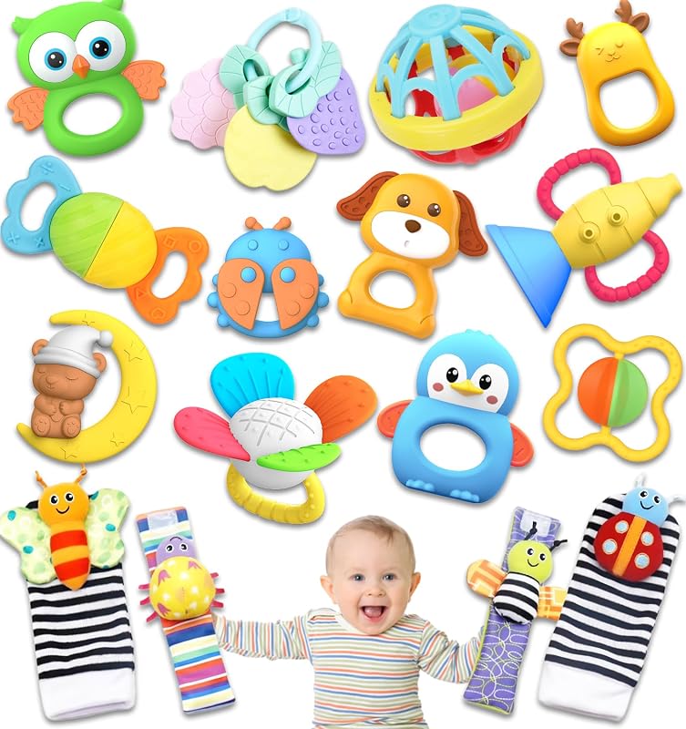 16 Pack Baby Rattles Teething Toys 3-6 Months, Baby Toys 0-6 Months, Newborn Infant Toys 6-12 Months, Essentials Must Haves Wrist Socks Toddler Stocking Stuffers Christmas Gifts
